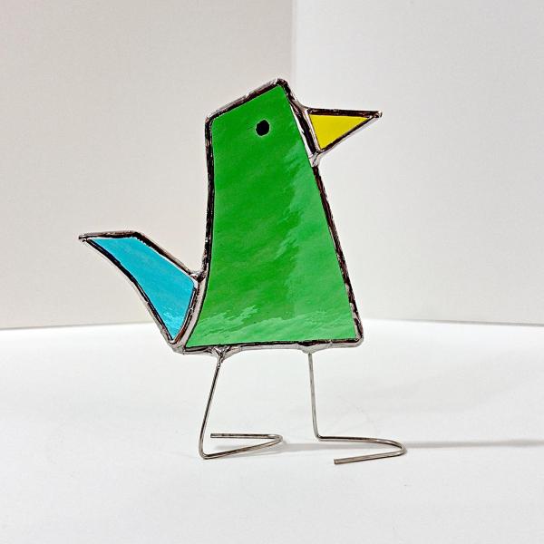 Stained Glass Standing Bird, Funky Green Glass Bird Suncatcher, Bird Lover Gift