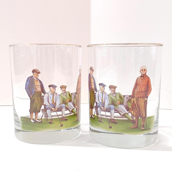 Vintage Golfer Double Old Fashioned Glasses, Golf Player Whisky Rocks Lowball Glasses, Set of 2