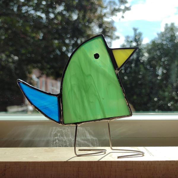 Stained Glass Standing Bird, Funky Green and Blue Glass Bird Suncatcher, Bird Lover Gift, Windowsill Sitter