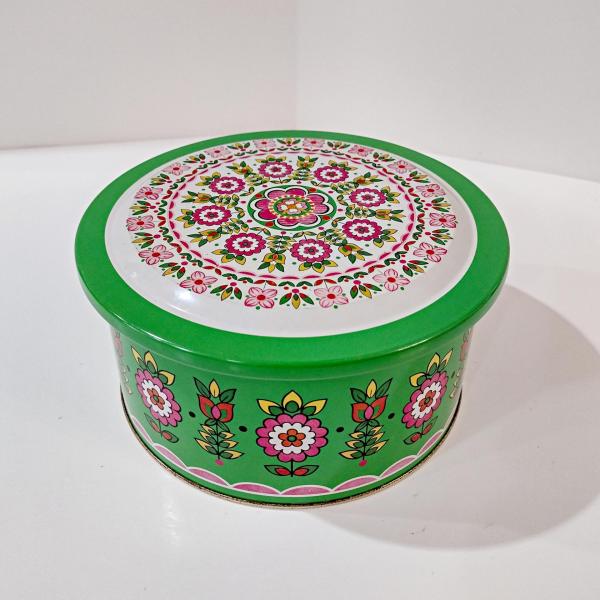Vintage Green and Pink Mosaic Mandala Flowers Round Metal Tin Storage Container, Brazilian Floral Gift Tin
