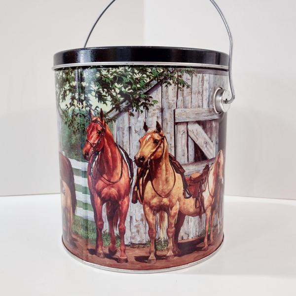 Vintage Round Horses and Stables Decorative Storage Tin with Handle, Chris Cummings Equine Art