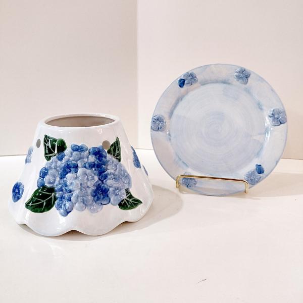Vintage Hydrangea Floral Ceramic Shade Jar Candle Topper and Under Plate