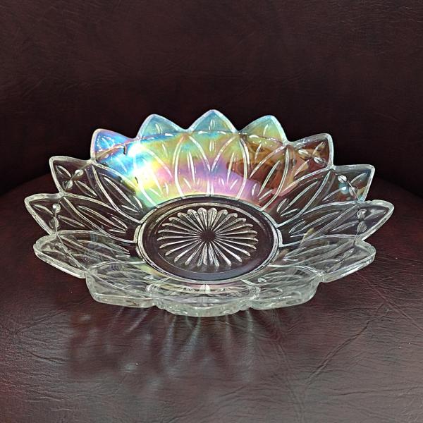Vintage Federal Glass Petal Iridescent Clear Glass Dish Bowl, Rainbow Iridescent Flower Shaped 8 Inch Shallow Serving Bowl