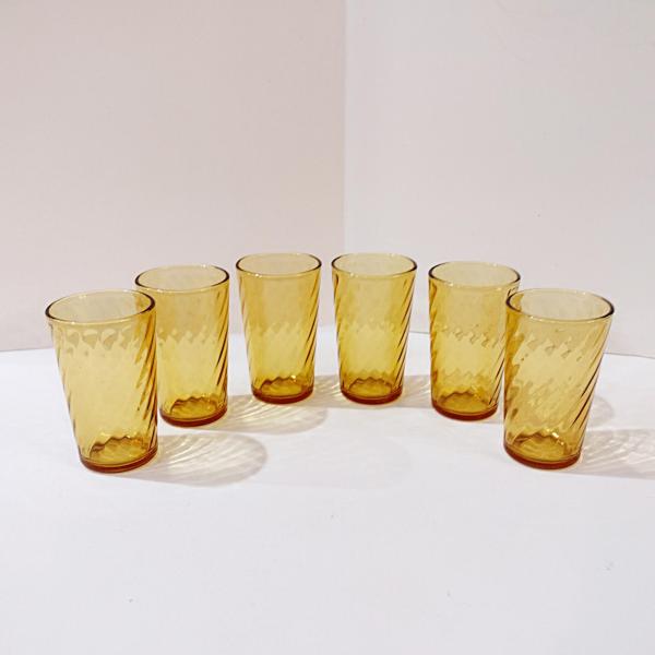 Vintage Amber Swirl Juice Glasses, Set of Six, 6 Ounce Drinking Glasses