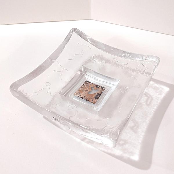 Vintage Signed Kosta Boda Bertil Vallien Copper and Glass Pedestal Heart Dish, Bertil Vallien 1994 Domino Series Swedish Art Glass