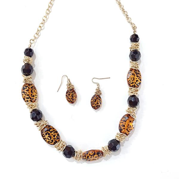 Vintage Leopard Print and Black Beaded Necklace and Earring Set, Gold Tone Animal Print Jewelry