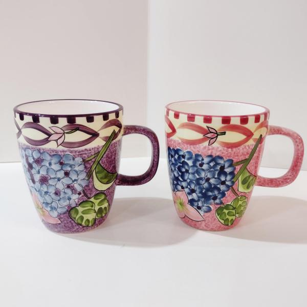Vintage Laurie Gates Hydrangea Ceramic Pink and Purple Spongeware Coffee Tea Mugs, Set of Two