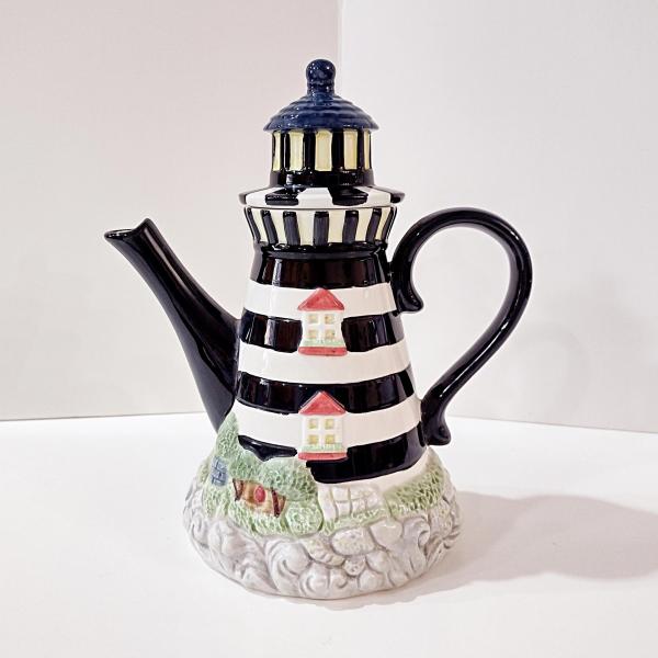 Vintage Lighthouse Ceramic Teapot, Cracker Barrel 1995 Black and White Striped Lighthouse Tea Pot
