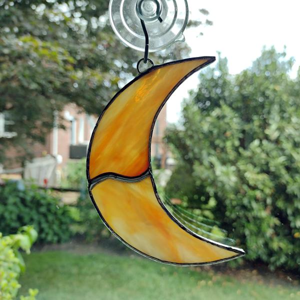 Crescent Moon Stained Glass Suncatcher, Yellow Swirled Corsica Glass