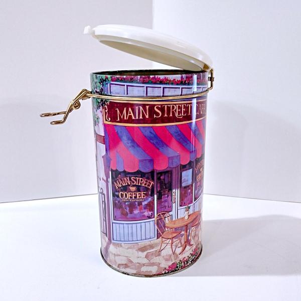 Vintage Main Street Coffee Shop Cylinder Storage Tin with Airtight Clamp Lid, Retro Shop Front Decorative Metal Container