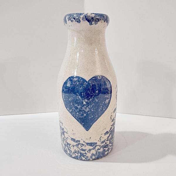 Vintage Blue Spongeware Heart Ceramic Milk Bottle Vase
