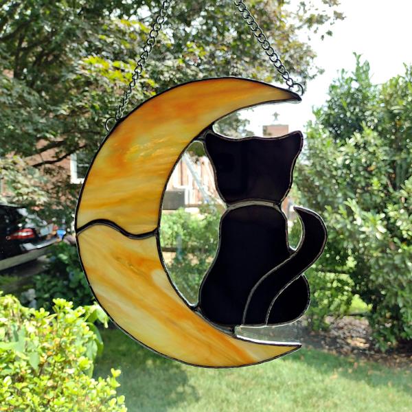 Stained Glass Orange Crescent Moon and Black Cat Suncatcher, Halloween Window Decoration