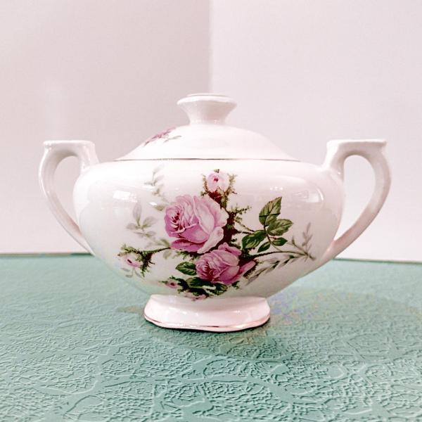 Vintage Canonsburg Moss Rose Covered Sugar Bowl, MCM Pink Floral Sugar Bowl
