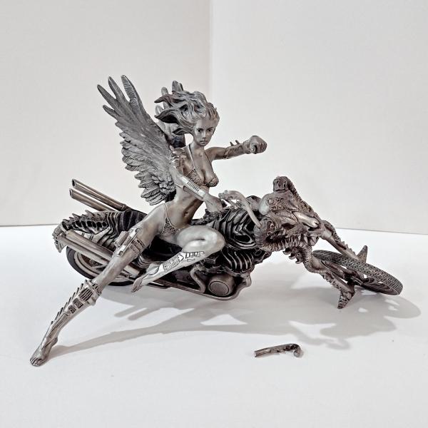 Vintage Franklin Mint Temptation Rides Pewter Statue, Julie Bell 1999 Motorcycle Angel Figurine