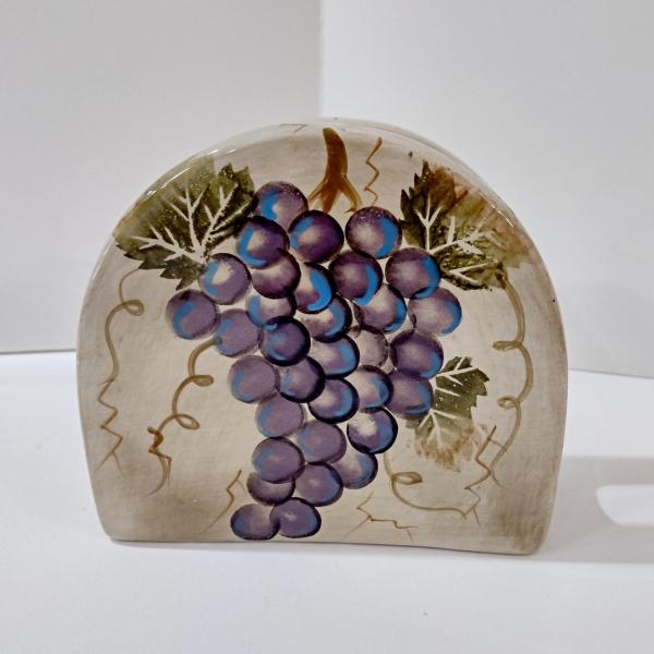 Vintage Purple and Green Grape Cluster Tuscan Style Ceramic Napkin Holder, Hand Painted Pottery