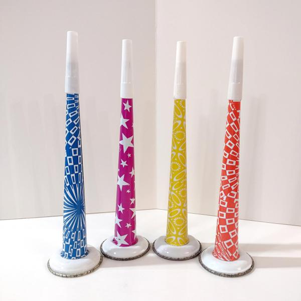 Vintage Tin Litho Metal Noise Maker Horns, Set of 4, 1950's Party Noisemaker Blowers