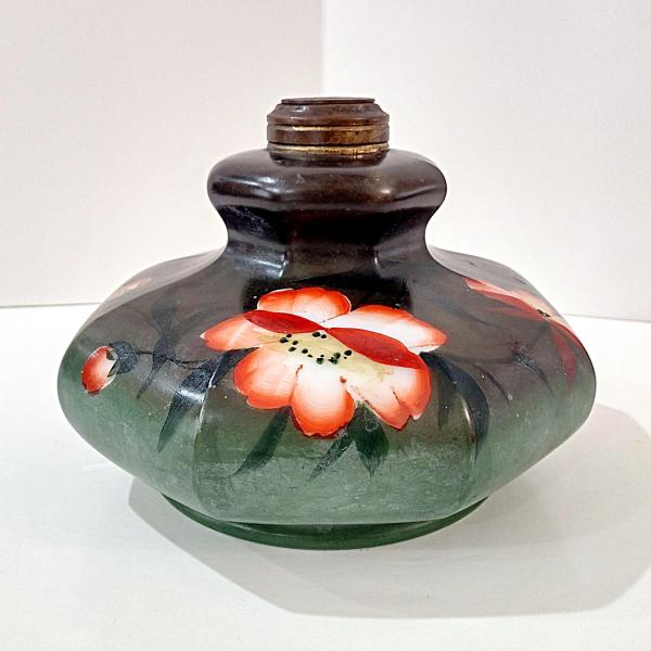Vintage Green and Pink Floral Hand Painted Milk Glass Oil Lamp Base