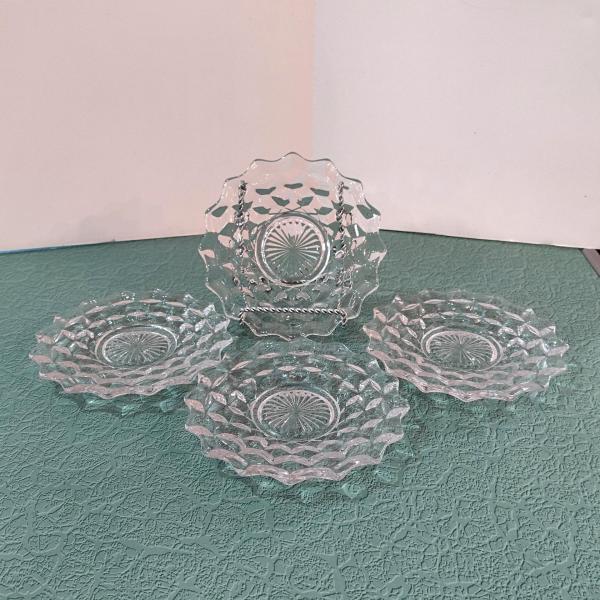 Vintage Fostoria Bread and Butter 6 Inch Plates, American Clear Pattern, Set of Four, UV Reactive Manganese Glassware