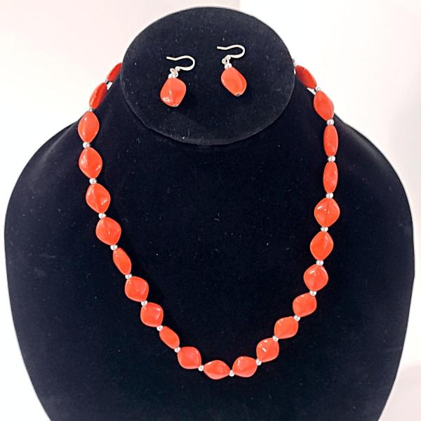 Vintage Orange Beaded Necklace and Earring Set with Silver Colored Adjustable Chain