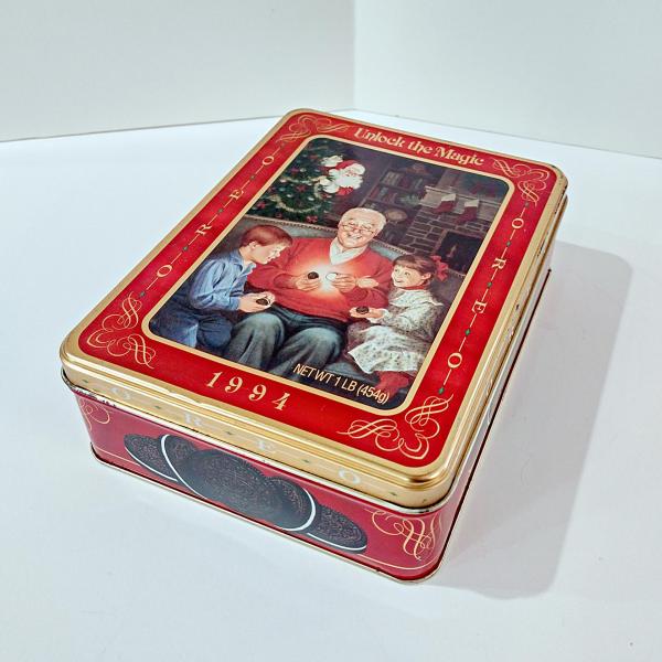 Vintage 1994 Unlock the Magic Oreo Christmas Holiday Tin, Oreo Cookie Collectible Tin Storage Container