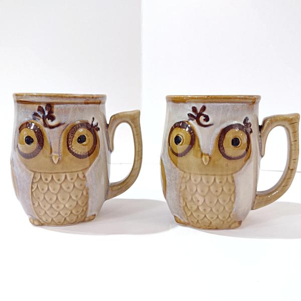 Vintage Figurative Ceramic Owl Mugs, Set of 2, Gibson 12 Ounce Coffee Mugs