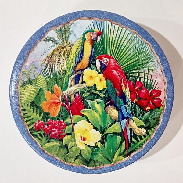 Vintage 1997 Indecco Round Parrot Tin, Colorful Bird Metal Storage Container