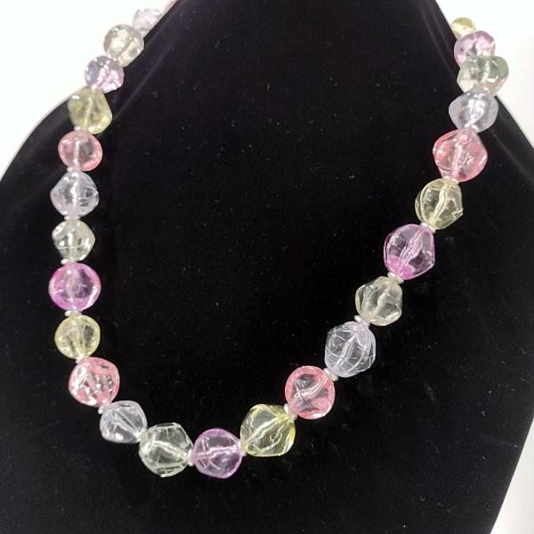 Vintage Chunky Pastel Crackle Bead Necklace, Pink Yellow Purple Green Clear Lucite Beads