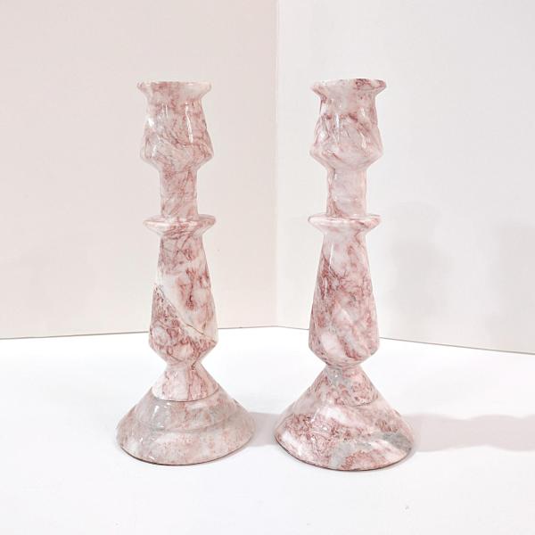 Vintage Pink and White Onyx Marble Carved Candle Stick Holders, Set of Two, Taper Candlestick Holders