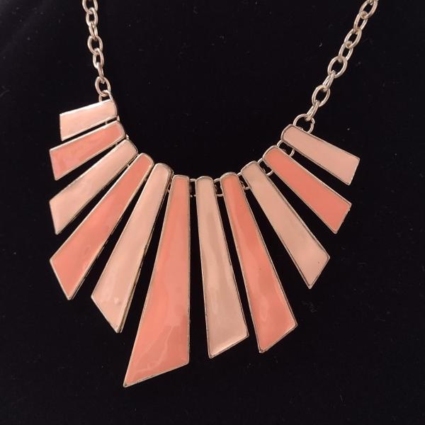 Vintage Orange and Peach Enamel Gold Tone Geometric Bib Necklace, Retro MCM Jewelry