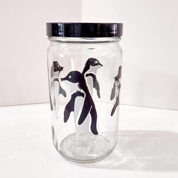 Vintage Black and White Penguin Glass Canister Storage Container