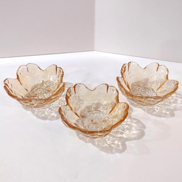 Vintage Amber Flower Petal Mini Sauce Glass Bowls, Set of Three, Small Food Preparation Bowls