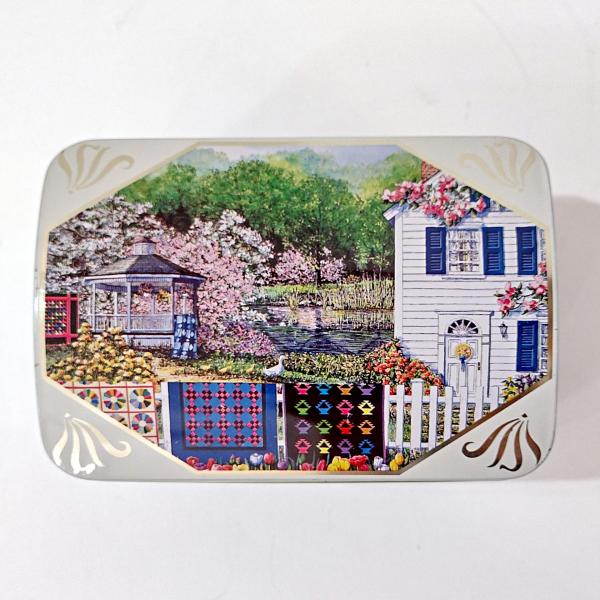 Vintage Diane Phalen Watercolors Spring Garden Amish Quilts Hinged Lid Tin Box, Decorative Metal Storage Container