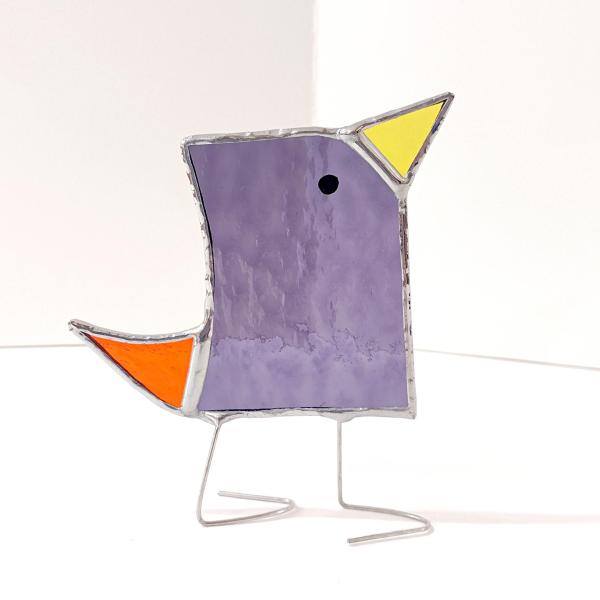 Stained Glass Standing Bird, Funky Glass Bird, Purple and Orange Bird Suncatcher, Windowsill Sitter