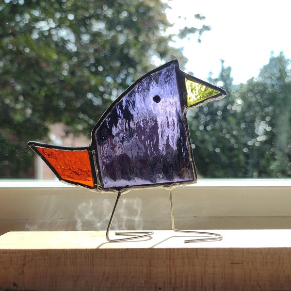 Stained Glass Standing Bird, Funky Glass Bird, Purple and Orange Bird Suncatcher, Windowsill Free Standing Bird