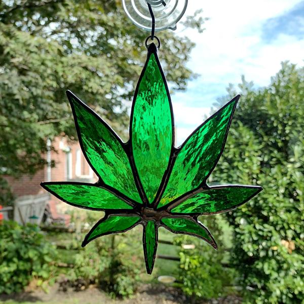 Stained Glass Marijuana Pot Leaf Suncatcher, Green Glass Leaf Window Decoration