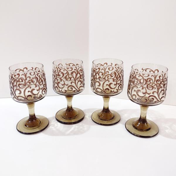 Vintage Libbey Prado Tawny Brown Scroll Wine Glasses, Set of Four