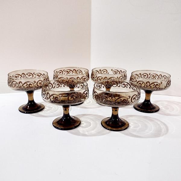 Vintage Libbey Prado Tawny Brown Scroll Champagne Sherbet Glasses, Set of Six, 1970's Glassware, Footed Dessert Cups