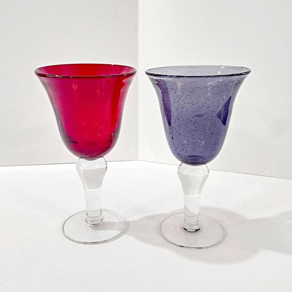 Vintage Hand Blown Red and Purple Bubble Glass Wine Water Goblets, Set of 2