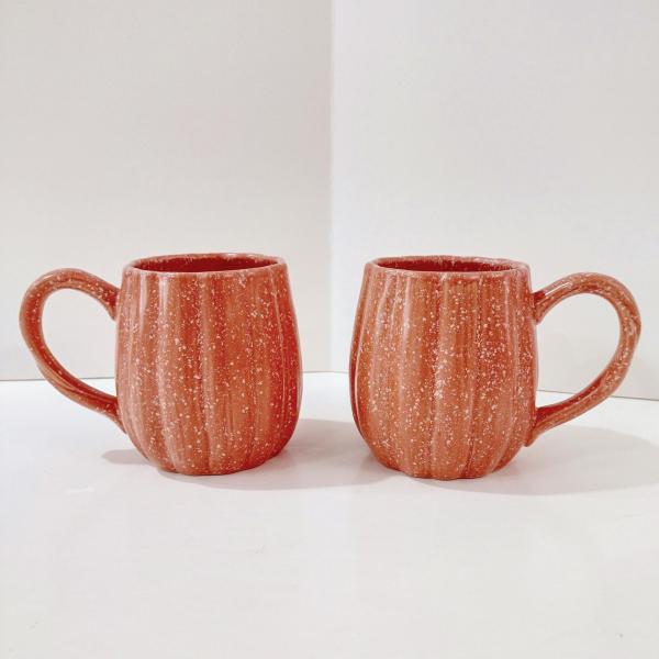 Vintage Pumpkin Gourd Shaped Ceramic Coffee Mugs, Set of Two, Potters Studio Oversized Stoneware Mugs