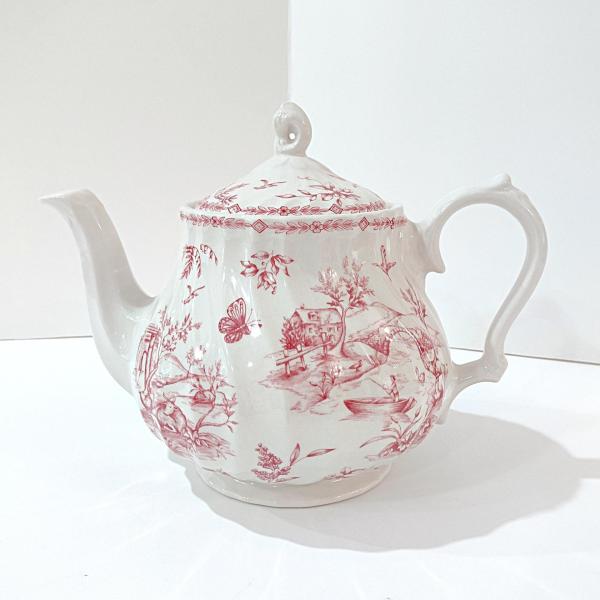 Vintage Queens Chelsea Toile Pink Transferware Ceramic Teapot with Pastoral Landscape Design