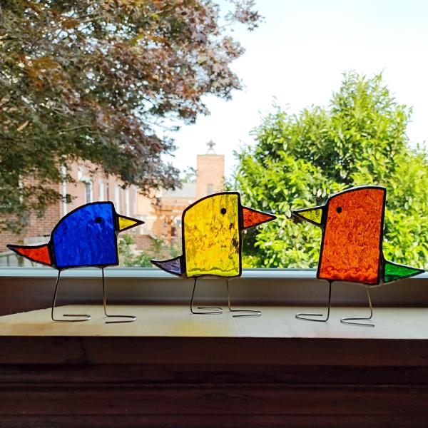 Rainbow Stained Glass Standing Birds, Set of Three, Blue, Orange, and Yellow Glass Birds