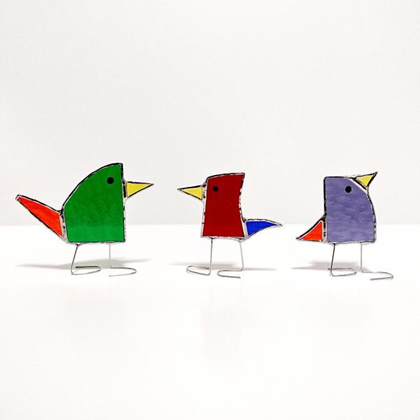 Rainbow Stained Glass Standing Birds, Set of Three, Green, Red, and Purple Glass Birds