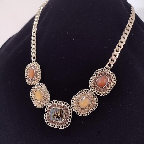Vintage Erica Lyons Amber Brown Rhinestone and Cabochon Statement Necklace with Gold Tone Curb Chain