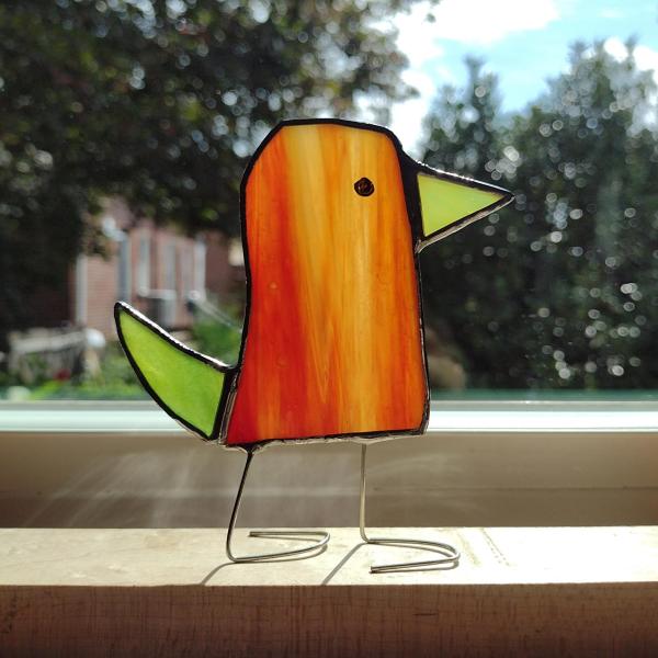 Stained Glass Standing Bird, Funky Red and Green Glass Bird Suncatcher, Bird Lover Gift, Windowsill Sitter