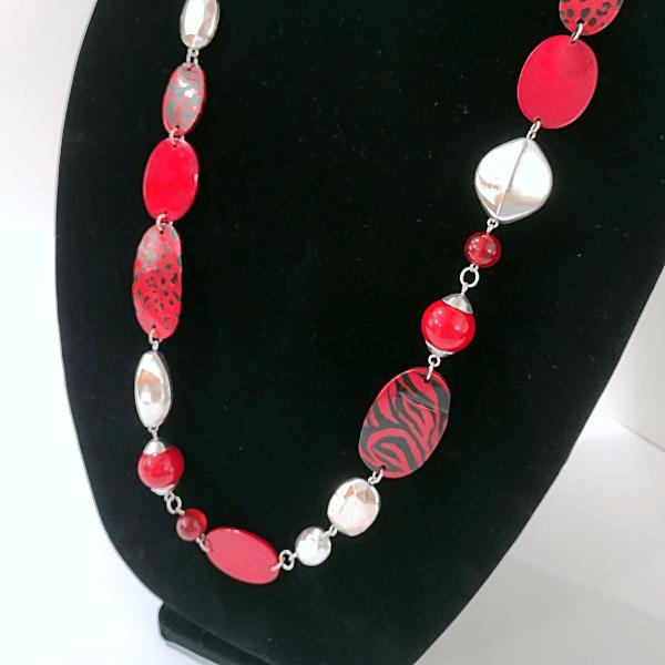 Vintage Red Leopard Print and Silver Beaded 30" Adjustable Necklace, Animal Print Jewelry