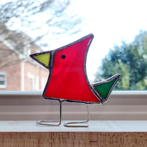 Stained Glass Standing Bird, Funky Glass Bird, Red and Green Bird Suncatcher, Windowsill Free Standing Bird