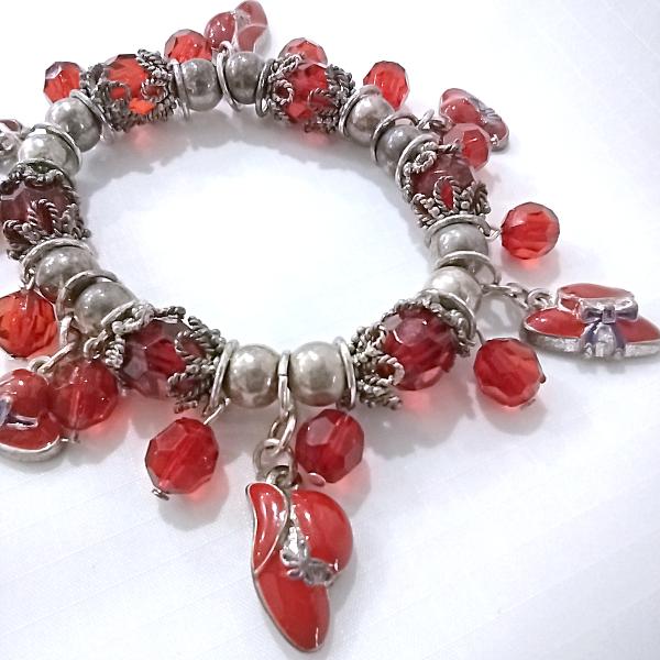 Vintage Red Hat Society Enamel and Rhinestone Elastic Charm Bracelet