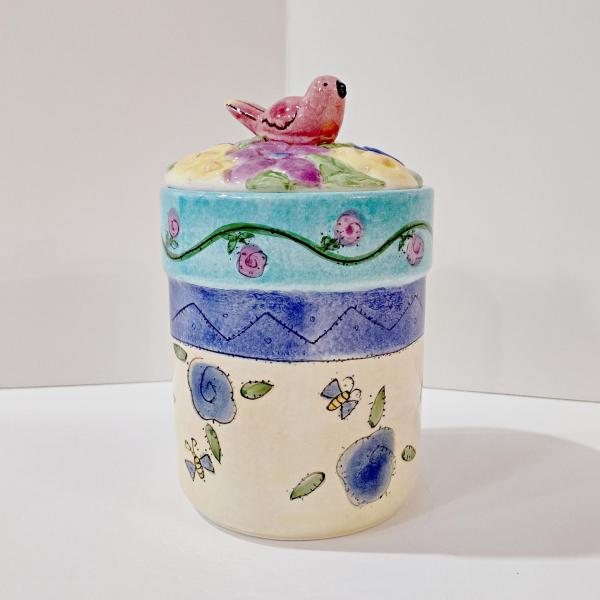 Vintage Sango Birds and the Bees Ceramic Canister, Pink Bird Lid