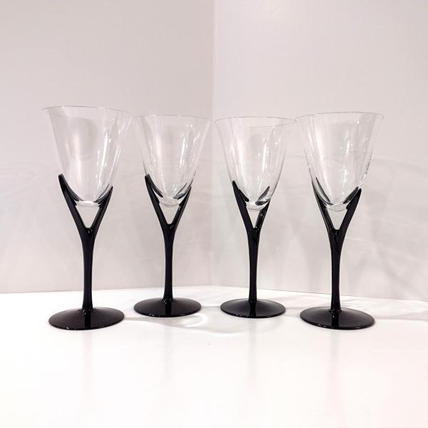Vintage Sasaki Crystal Wine Glasses, Set of Four, Capistrano Black