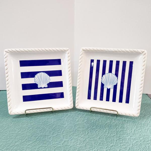 Vintage Blue and White Striped Sea Shell Square Plates, Set of Two, Nautical Beach Dinnerware